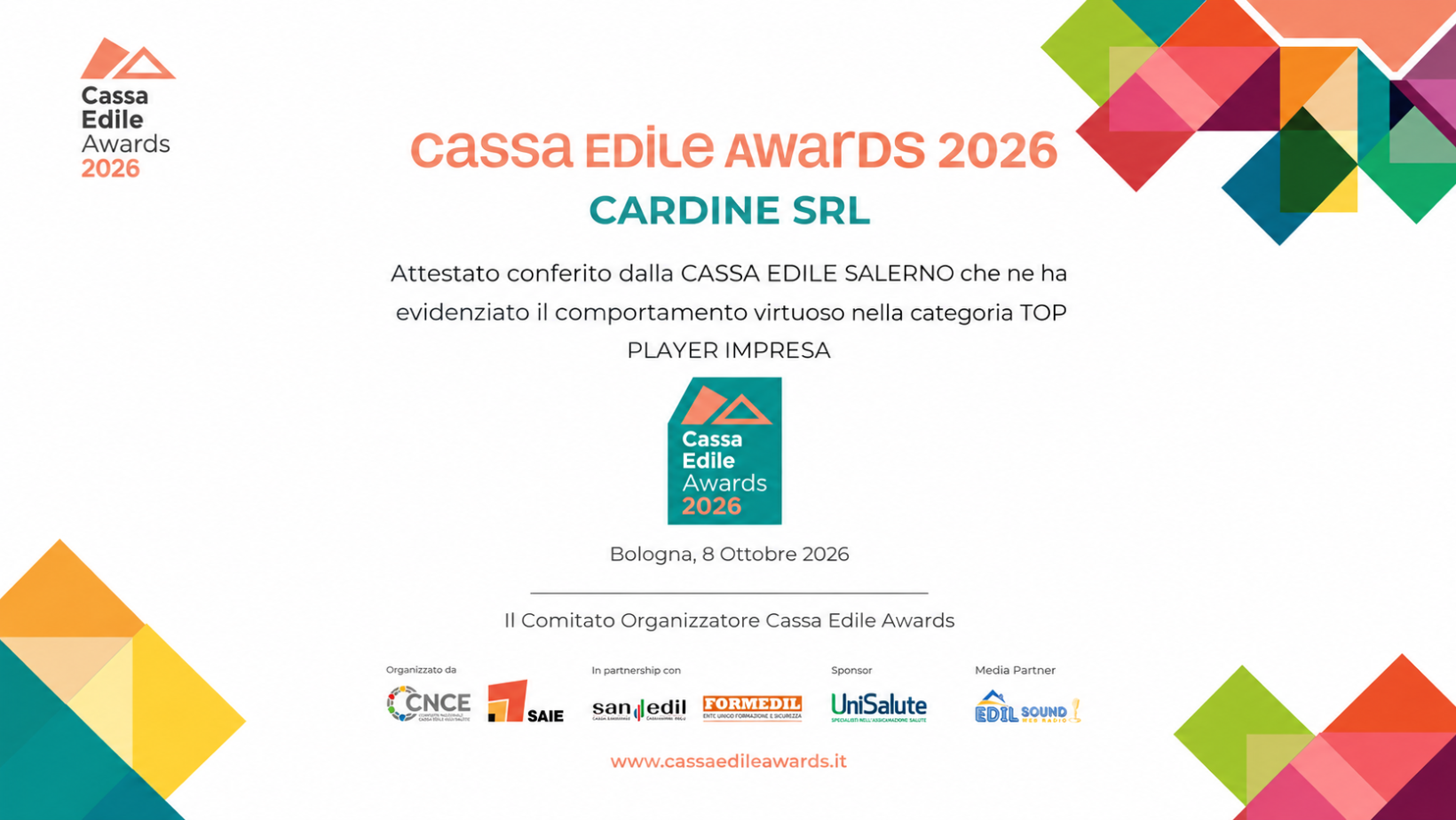 CARDINE SRL premiata con il Bollino Cassa Edile Awards 2026